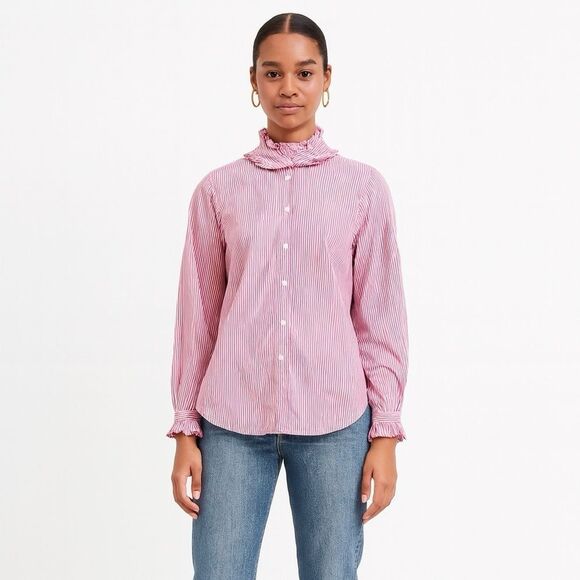 J. Crew Pink Striped Ruffled Button Front Poplin Shirt, XXS - Picture 1 of 8